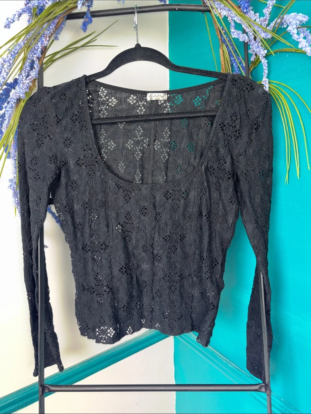Free People Black Crochet Long Sleeve Top